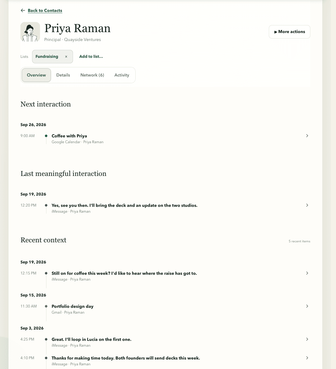 A Tapestry PRM Contact view for a fictional person, Priya Raman, with recent context from iMessage and Gmail