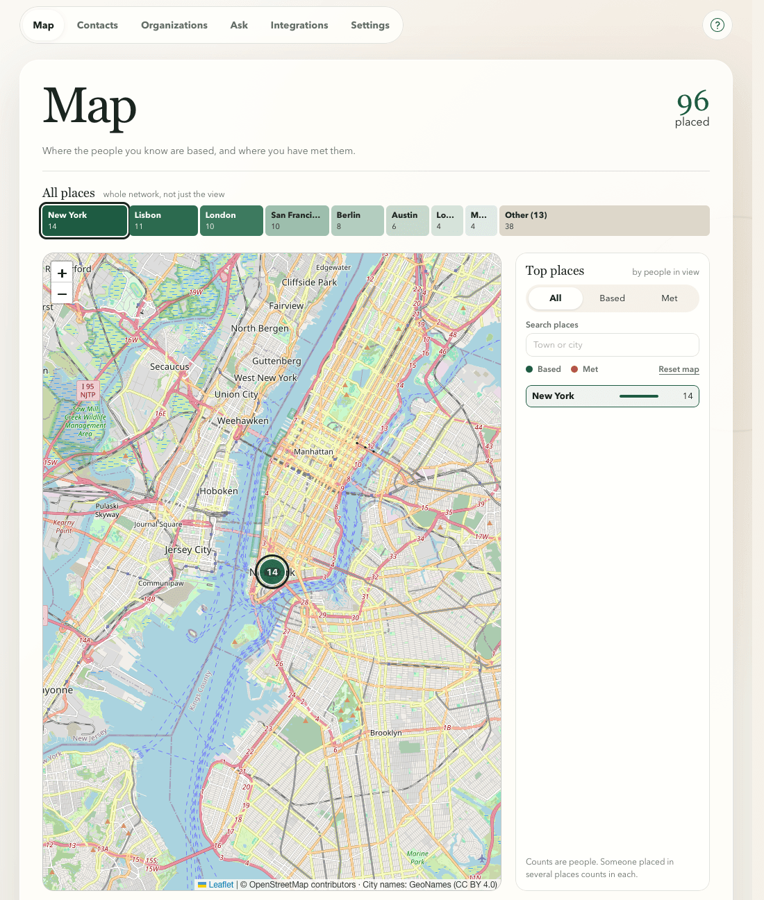 The Tapestry PRM Map zoomed to New York, showing fictional people you know there